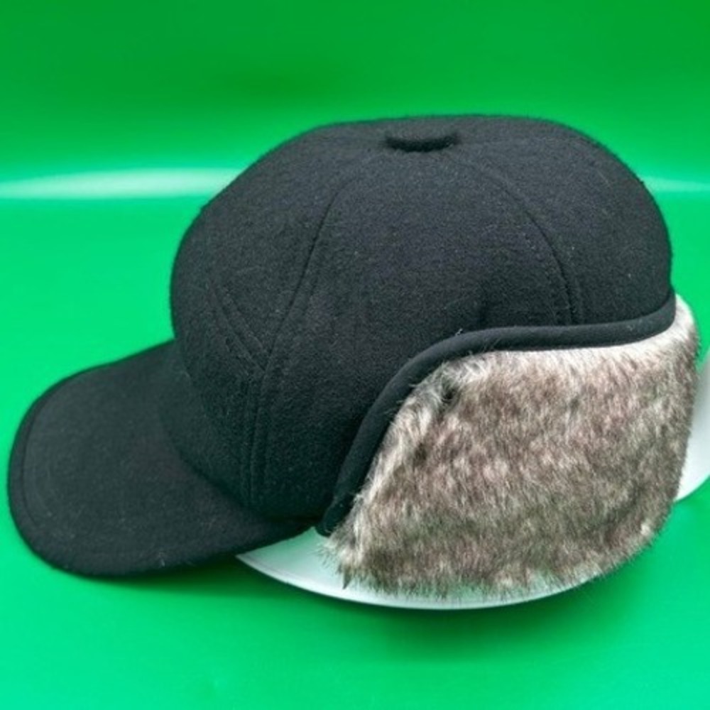 Siggi Trapper Baseball Cap Unisex One Size Black Wool Blend Faux Fur Ear Flaps